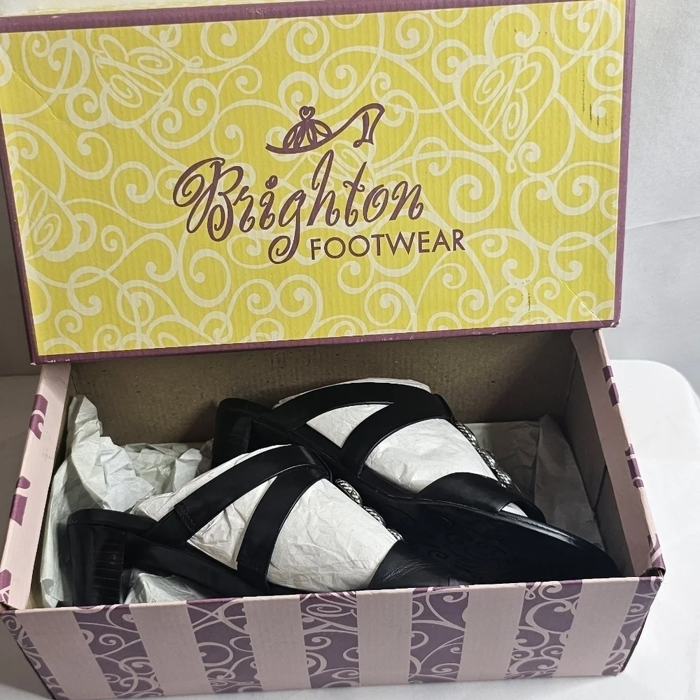 7 M Brighton Trista Shoes Slip-on Block Heels Sandals Black Leather Open Toe